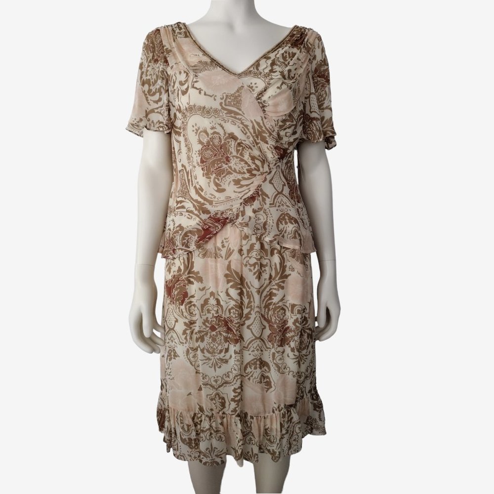 Vintage 2000s Floral Chiffon Beaded V Neck 2 Piece Top and Skirt Set 8P